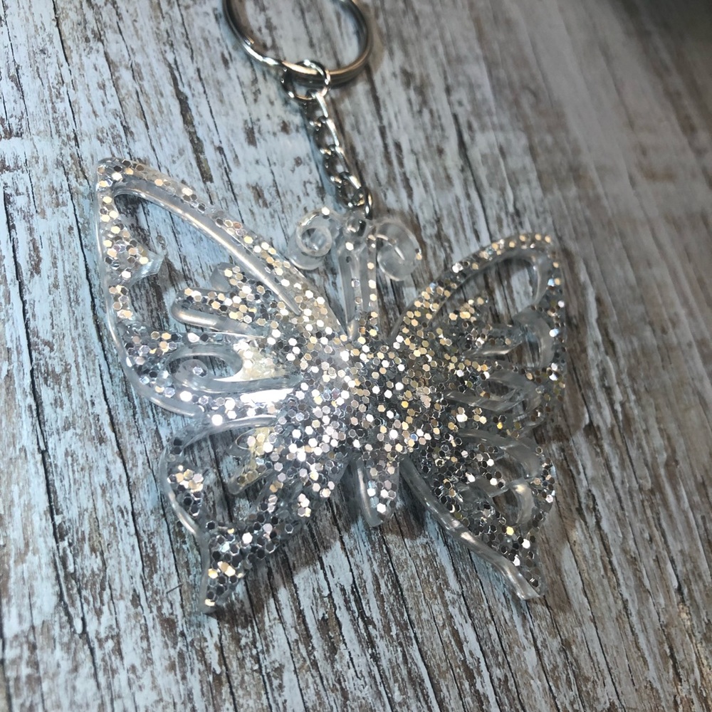 Silver Glitter Butterfly Keychain - Also available as a necklace or ornament - Picture 7 of 15